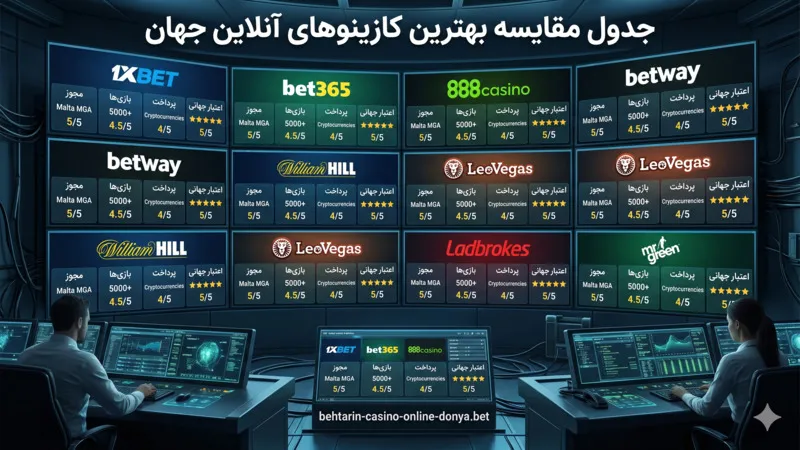 📊جدول مقایسه بهترین کازینوهای آنلاین جهان